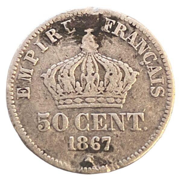 50 centimes Napoléon III, tête laurée 1867 Paris